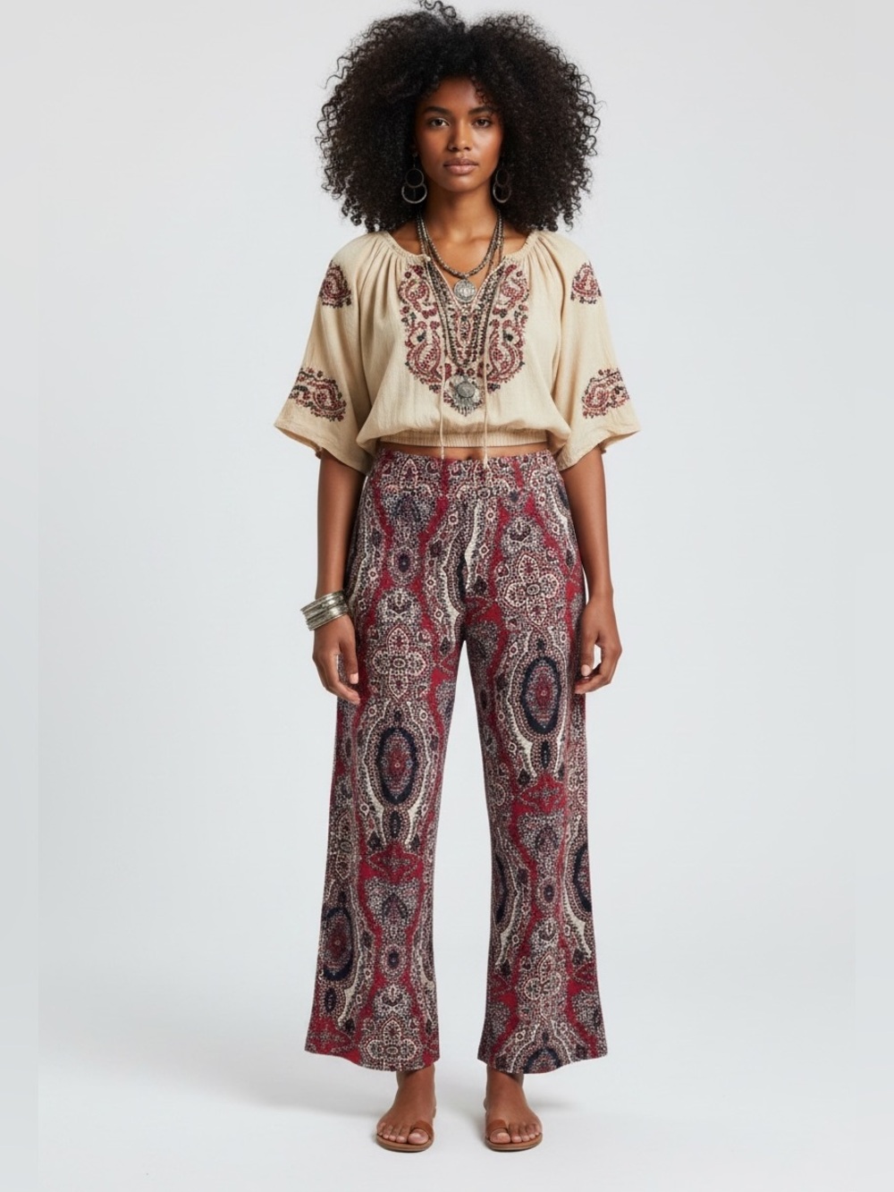 Vintage Style Red Paisley Palazzo Pants High Waist Wide Leg Flowy Boho Large